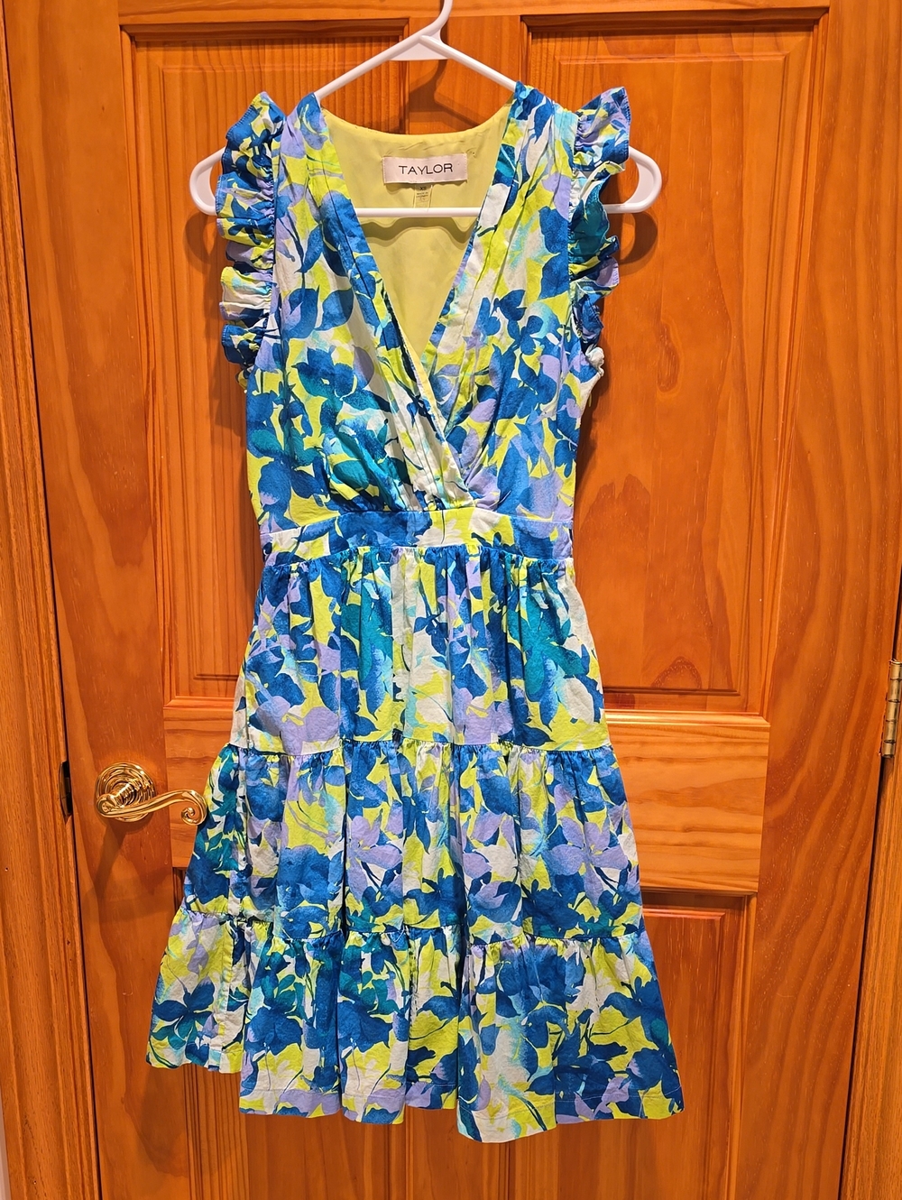 Taylor Blue & Lime Floral Tiered Wrap Mini Dress